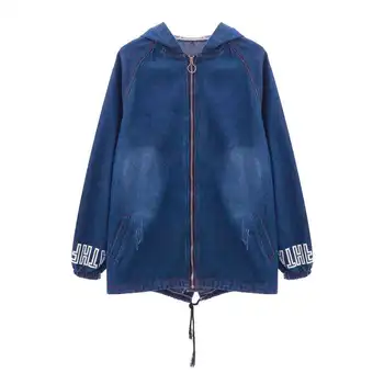 

Spring Women Basic Coat Back Letter Printed Loose Casual Hooded Jeans Jacket Plus Size 4XL 5XL