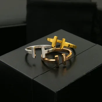 

AAA Quality Fashion Jewelry Sivler Rose Gold Color Stainless Steel Double T Shape Smooth Open Rings For Women And Men (DJ0876)