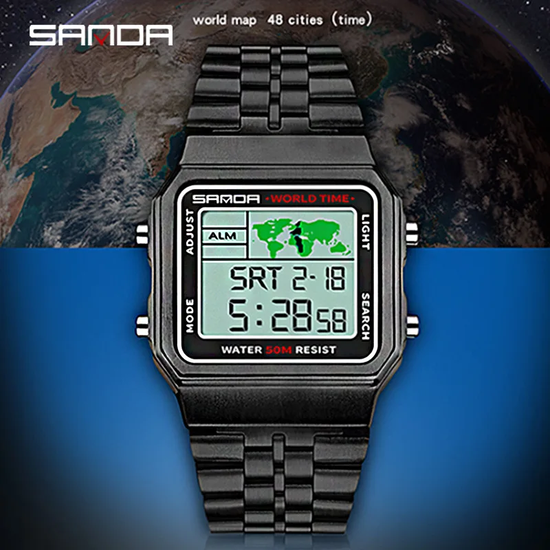 

SANDA Digital Watch Sport Men Clock Luminous Week Large Dial Stopwatch Stainless Steel Dial Quartz Wrist Watch gifts for men