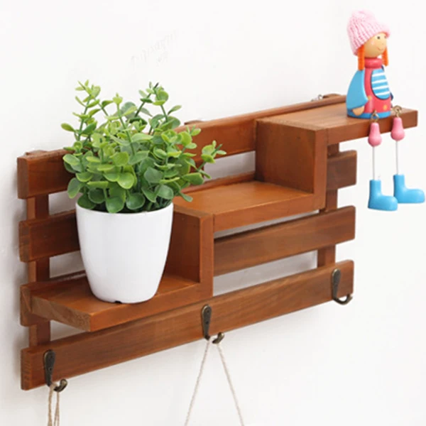 Solid Wood Wooden Wall Mounted Vintage Retro Rack 3 Hanger Hooks Floating Storage Shelf Display Rack Home Decor