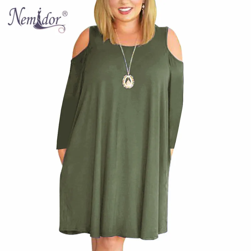 Nemidor Women's Cold Shoulder Plus Size Casual T-Shirt Swing Dress with Pockets (2)