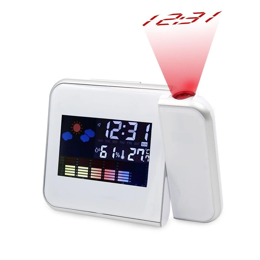 Светодиодный проекционный будильник часы метеорологическая станция Дата Дисплей цифровые настольные часы Температура термометр погоды Часы - Цвет: white