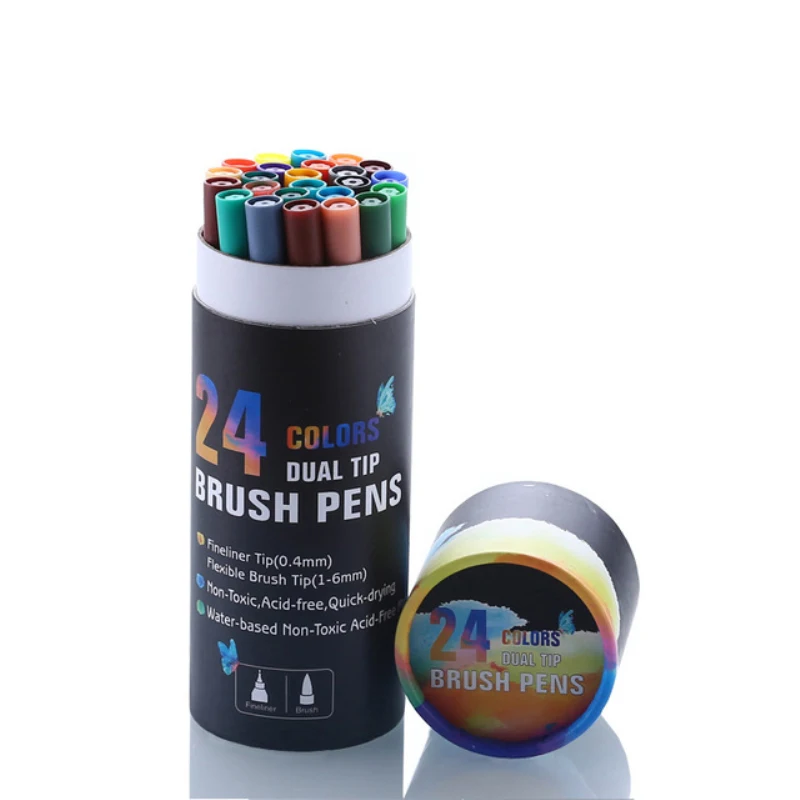 24 цвета двуглавый маркер Мягкая головка кисти Акварельная ручка баррель