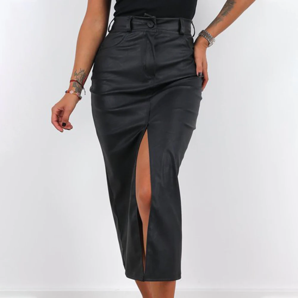 Pretty Fashion WetLook Pencil Skirt Women's Faux Leather Bodycon Ladies Fitted Stretch Shiny split front tube D30 | Женская одежда