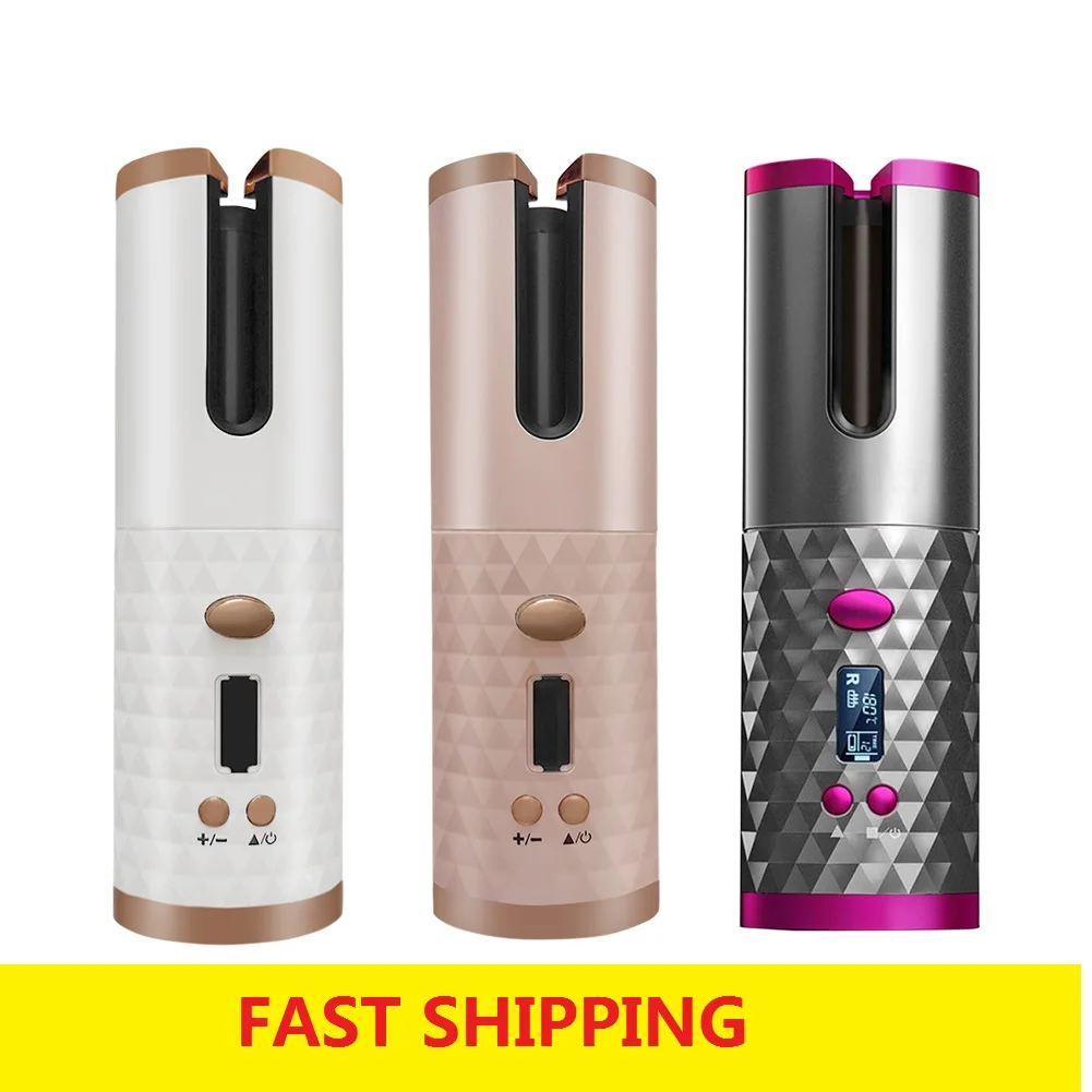 Cordless Automatic Hair Curler USB Rechargeable Curling Iron Curls Waves LCD Display Ceramic Curly Rotating Curling Wave Styer