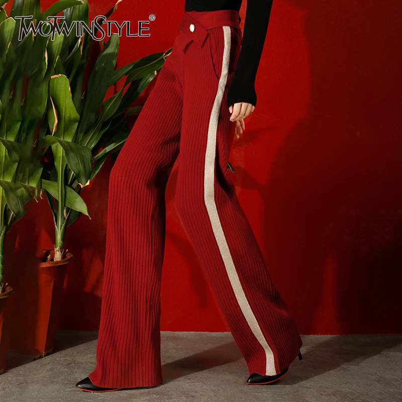 TWOTWINSTYLE Knitted Vintage Hit Color Women's Pants High Waist Warm Thick Elastic Wide Leg Pants Female Autumn Fashion New