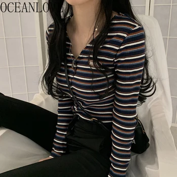 

OCEANLOVE Striped V Neck Women Sweaters Korean Vintage Slim Autumn Winter Cardigans Knit Wear Ins Fashion Mujer Chaqueta 18868
