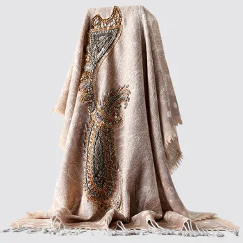 

Handmade Young Lady Scarves Wool Blend Mujer Bufanda High Quality Pashmina Shawls Embroidery Beads Bufanda Artificial Cashmere