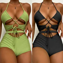 

Halter Swimsuit Women Bandeau Bandage Bikini Set Solid Push-up Brazilian Swimwear High Waist Trunks Beachwear Bathing Suit