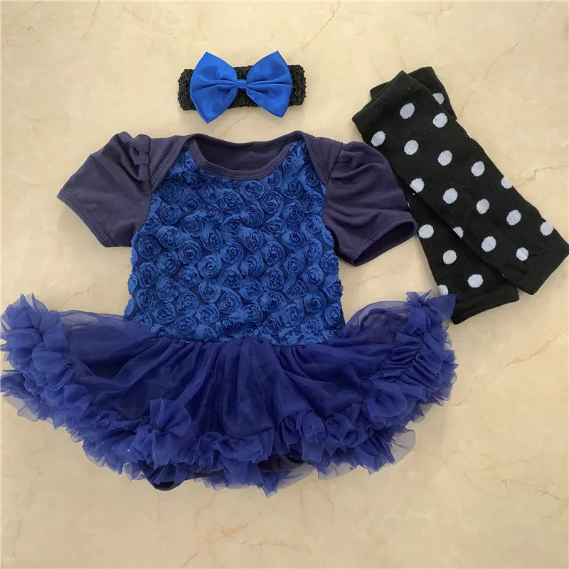 

Short Sleeve Baby Girl Romper Clothes Blue Rose Tutu Jumpsuit+Headbands+Leggings 3 pieces Newborn Birthday Party Cosplay Gifts