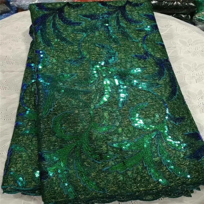 High Quality velvet green Lace Fabric Top Selling Embroidered African French Lace sequins Tulle Lace Fabric for Wedding