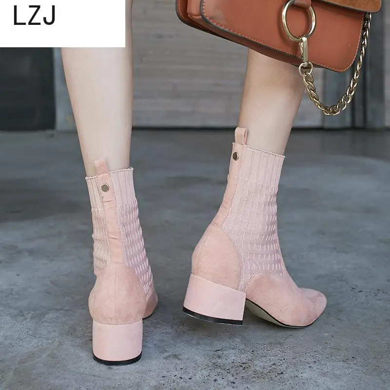 Женские ботинки с острым носком; эластичная обувь на высоком толстом каблуке; женские носки; вязаные ботильоны; цвет розовый, черный