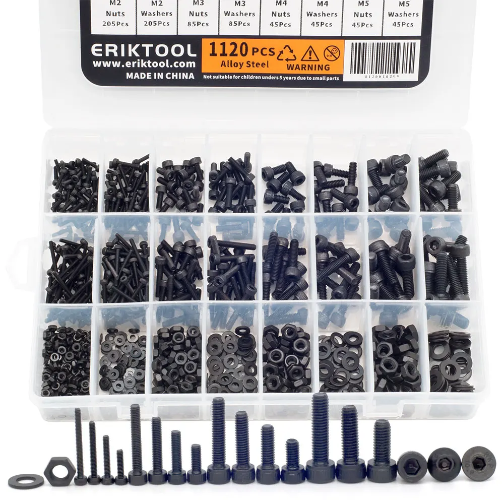 Kit de vis à six pans creux en acier au carbone, 1120 pièces, M2 M3 M4 M5