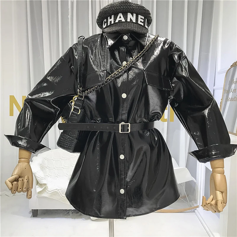 Ideal ALPHALMODA Autumn 2019 New Designer's Eye-catching Belt-tied Bright PU Leather Garment Mid-long Coa