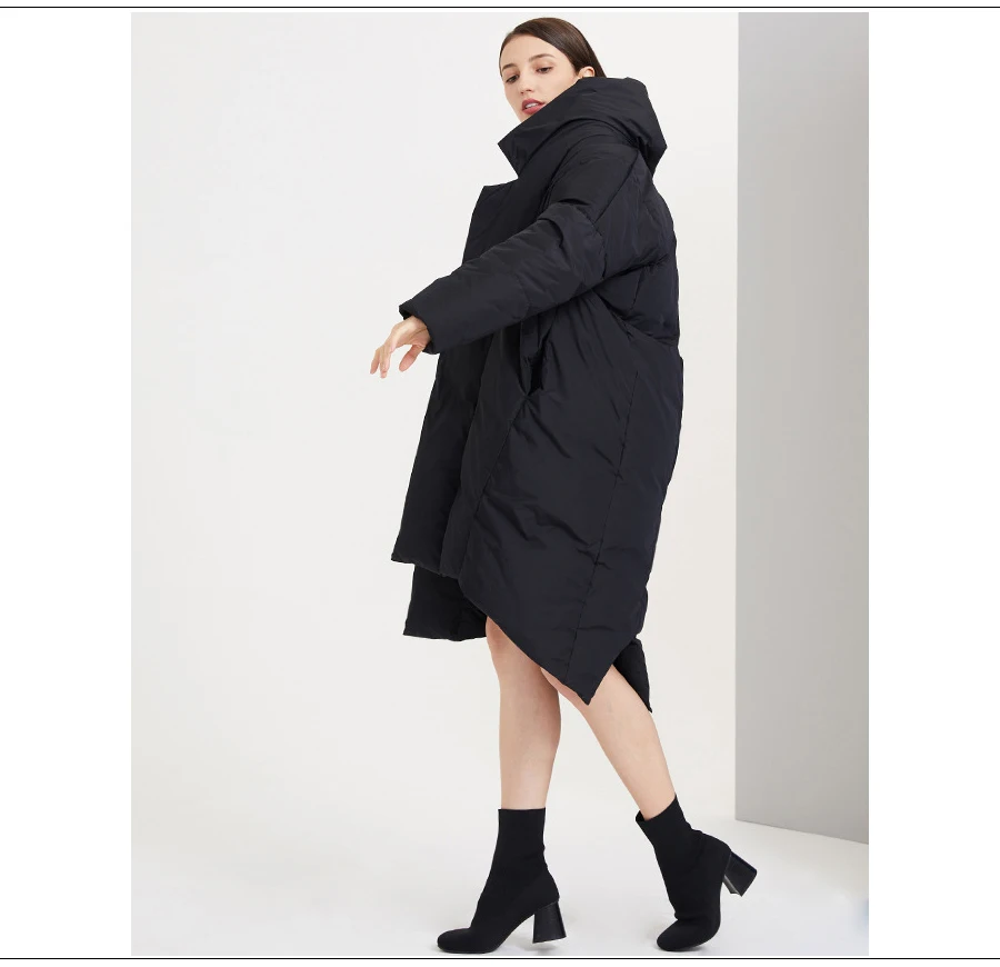 kjmyyx New Winter Jacket Women Elegant Turn Down Collar Office Lady Goose Down Jacket Long Style Warm Loose Female Overcoat