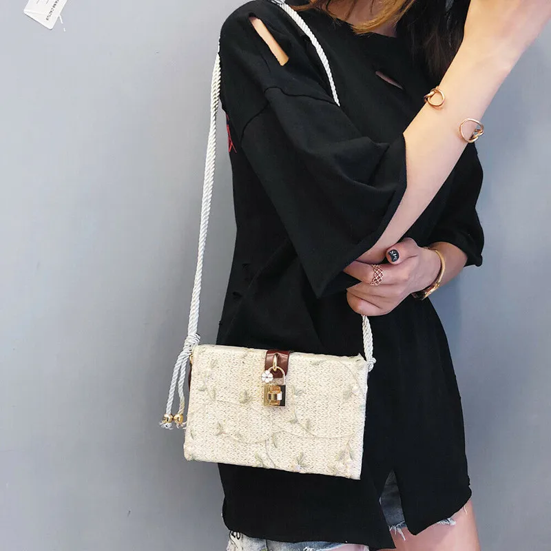USFashion Lady Floral Print Beach Rectangle Box Bag Rattan Straw Crossbody Bags Bohemia Handbag Shouldbag