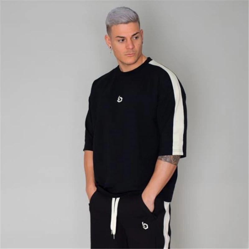 

Mens Summer Gyms Fitness Brand T-shirt Casual Bodybuilding Slim Shirts Striped Shirt O-neck Black Short sleeves Cotton Tee Tops