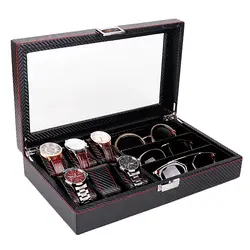Часы, ювелирные изделия Дисплей Коробка для хранения кожа солнцезащитных очков органайзер, чехол для 6 часов и 3 очки