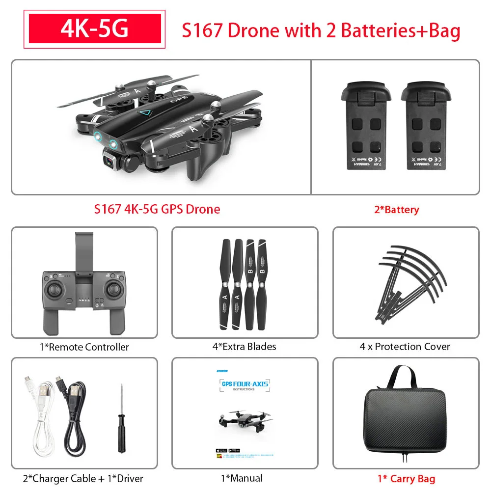 S167 gps Дрон 4K 5G wifi 1080P FPV камера дроны gps следуем за мной высота держать широкоугольный Квадрокоптер с камерой складной Радиоуправляемый Дрон - Цвет: 5G 4K 2Battery Bag