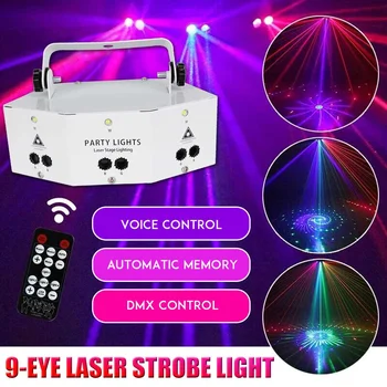

Laser Projection Lamp DMX 9 Eyes Laser Strobe Pattern Remote RGB Night Headlight Projector Light for Disco KTV Club Stage Party