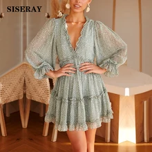Женское летнее шифоновое короткое платье с принтом и рюшами, сексуальное богемное пляжное праздничное платье с открытой спиной, элегантное женское платье с широким подолом