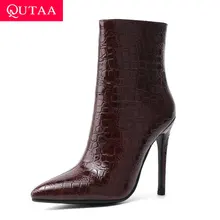 QUTAA/ г. Женская обувь из искусственной кожи с острым носком осенне-зимние модные ботильоны на молнии на очень высоком тонком каблуке Большие размеры 34-43