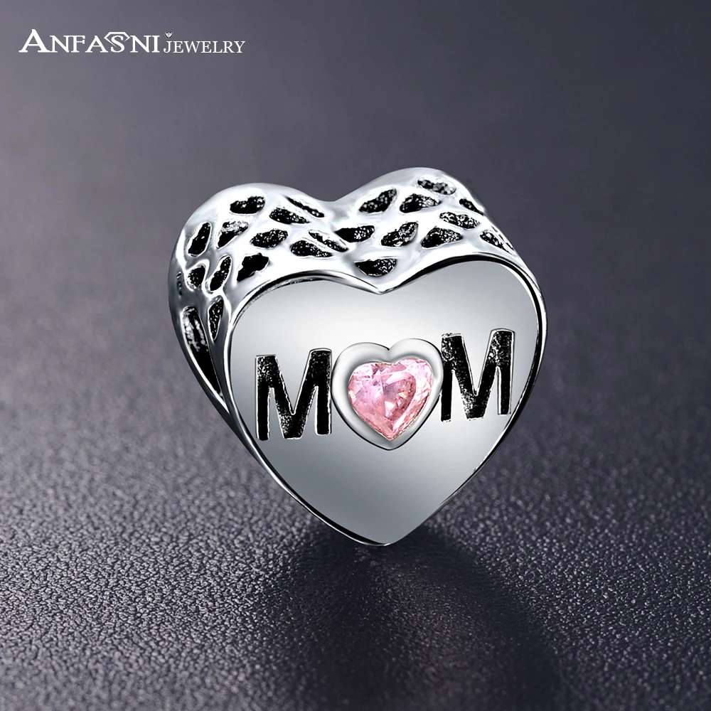 

ANFASNI 100%Authentic 925 Sterling Silver MOM Pink Heart Charms and Dad Charm Fit Original Bracelets Mother 's Father's Day Gift