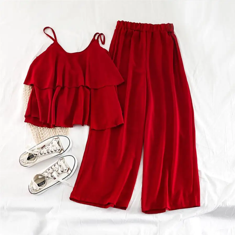 Женская шифоновая куртка на подтяжках с широкими штанинами, комплект из двух предметов, женский летний стильный модный комплект с широкими штанинами с высокой талией LS203 - Цвет: Red
