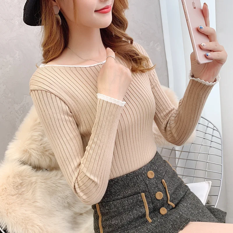 2019 autumn and winter one-collar sweater pullover slim short low-collar tight long-sleeved sweater-0d420 | Женская одежда