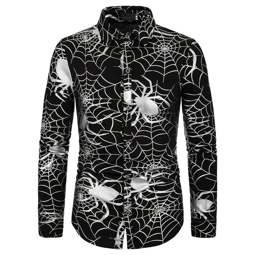 New Fashion Men Halloween Party 3D Spider Print Long Sleeve Shirt Casual Slim Fitness Tee Top Male Fit Shirts Clothes