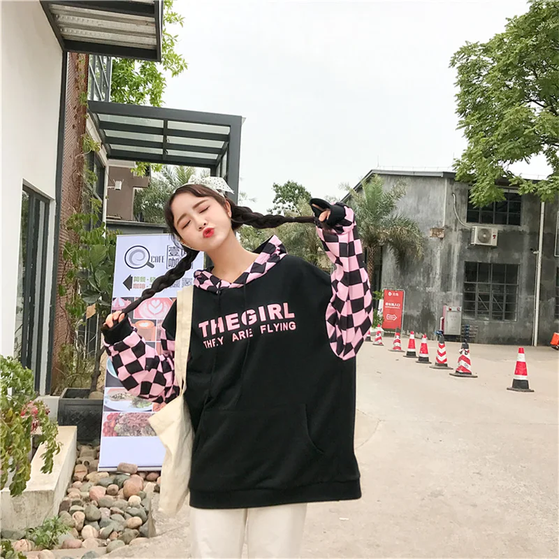 New Korean Harajuku BF hip-hop street loose cotton tops plaid stitching print pocket oversize hooded men and women sweatshirt