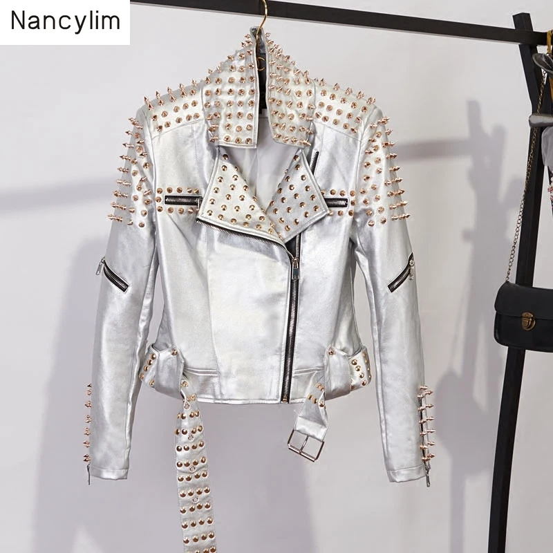

Can Custom Size Leather Jacket Women European Hand-studded Rivet Slim Long Sleeve Locomotive PU Leather Jacket Short Coat Autumn