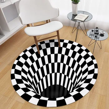 

3D Space Round Carpet Crystal Velvet Rug for Living Room Checkered Vortex Anti-Slip Floor Mat Non-Woven Black White Doormat