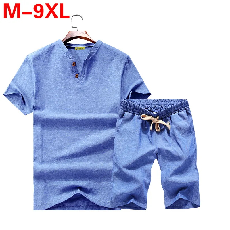 Мужская майка футболка и шорты комплект одежды размера плюс 5XL 6XL 7XL 8XL 9XL льняная