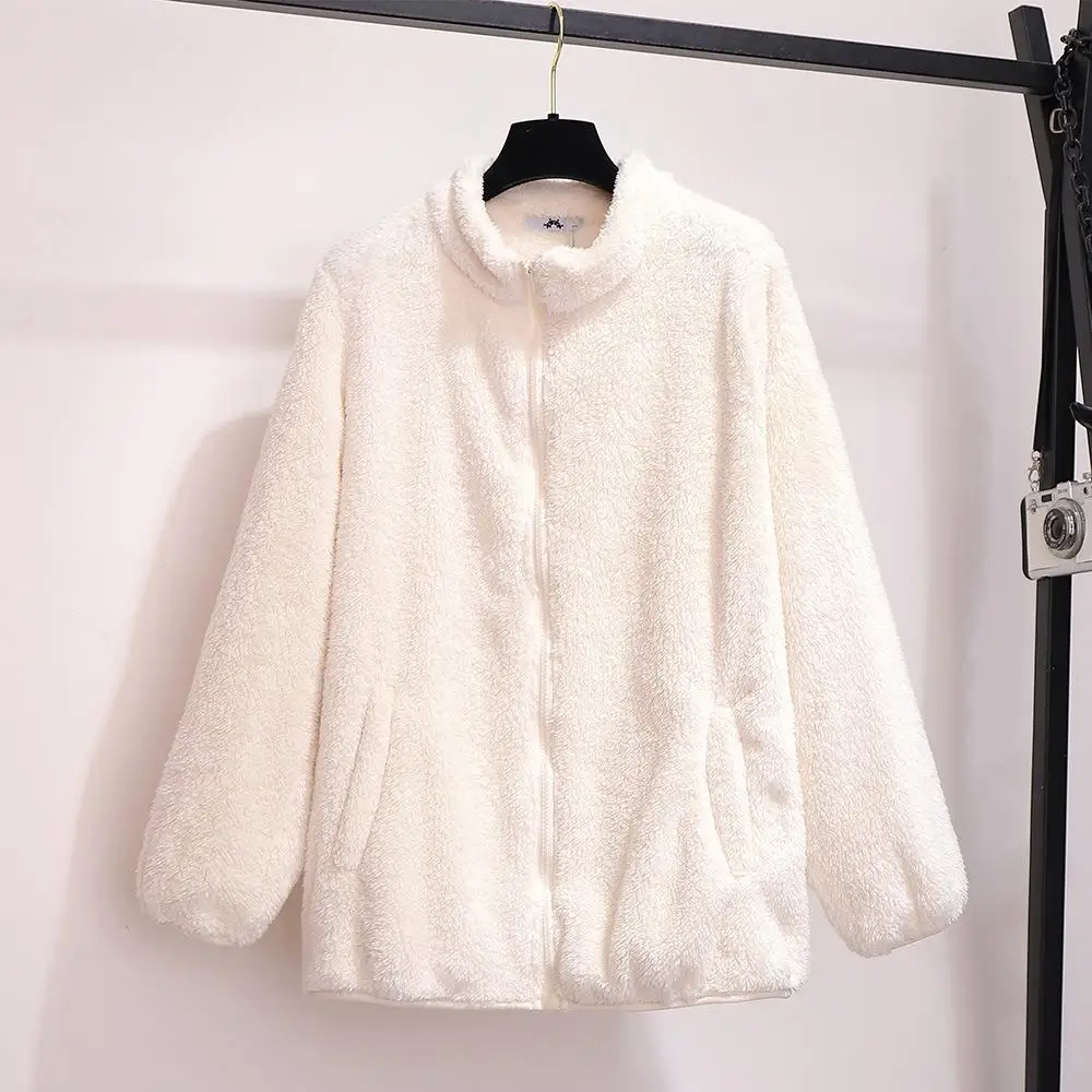 2XL-6XL осенне-зимний, кораллового цвета, Бархатный пальто больших размеров Для женщин Свободные весенне-осенние мягкие Куртка-кардиган 5XL Большие размеры Повседневное теплые пальто на молнии - Цвет: Beige