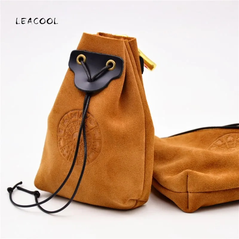 LEACOOL 100% Geuine кожаный вместительный кошелек для монет винтажная сумка мешочек на