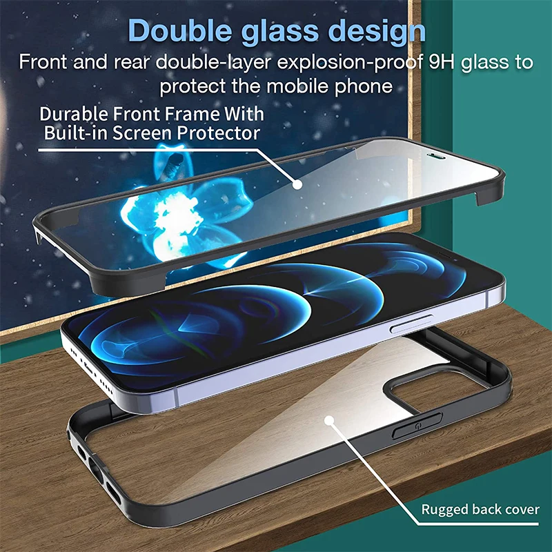 Full Body Protector Rugged Case for IPhone 12 11 Pro Max iPhone11 Built-in Screen Protector Glass Hard TPU Bumper Cover Clear