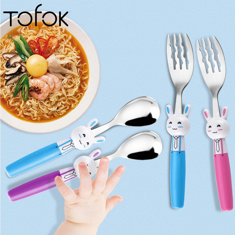 

Tofok Cartoon Rabbit Spoon Fork Baby Fedding Flatware Children Dinnerware Stainless Steel Training Tableware Kitchen Cutlery 1PC