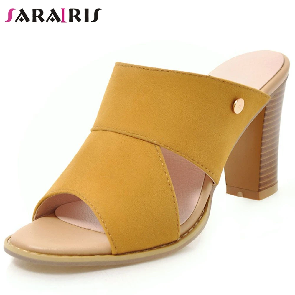 

SaraIris fashion lady summer slipers square toe slip on high heel slippers women consise elegant metal block heel shoes woman