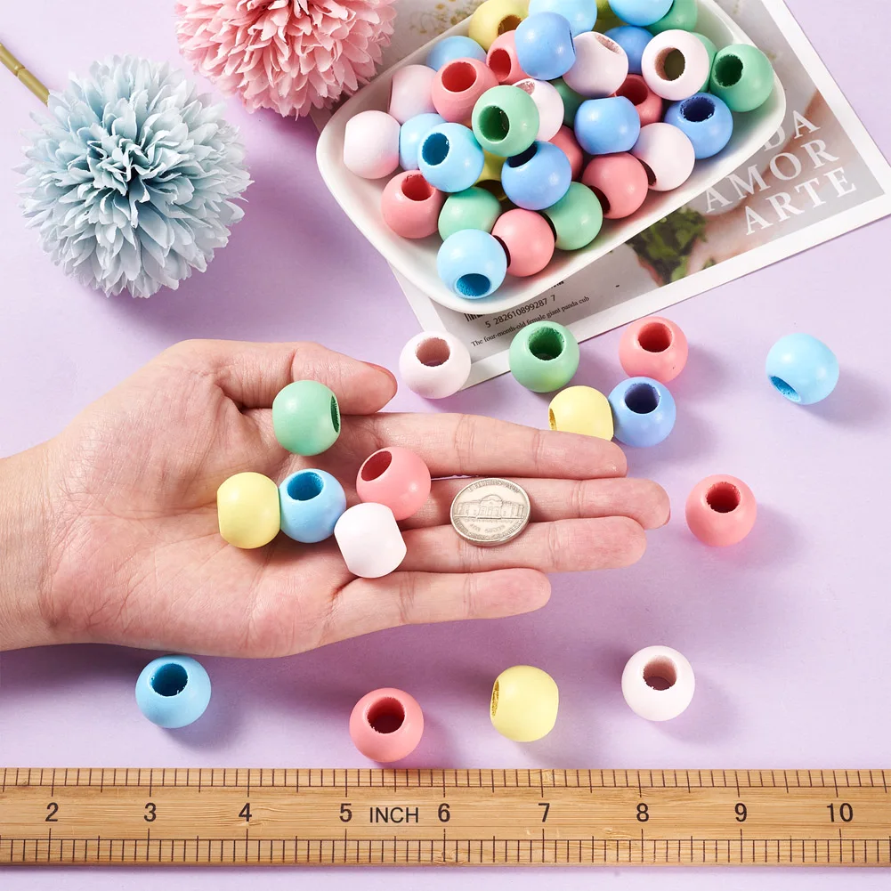 120Pcs 15.5x20mm Mixed Color Wooden Large Hole Beads Natural Wood Round Bead Spacer Ball For Bracelet DIY Jewelry Making