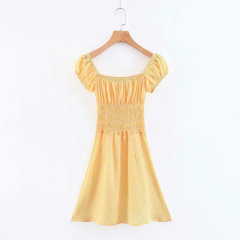 

Western Style 2019 Summer French Vintage Floral Printed Elastic Waist Square Collar Puff Sleeve Dress WOMEN'S Dress