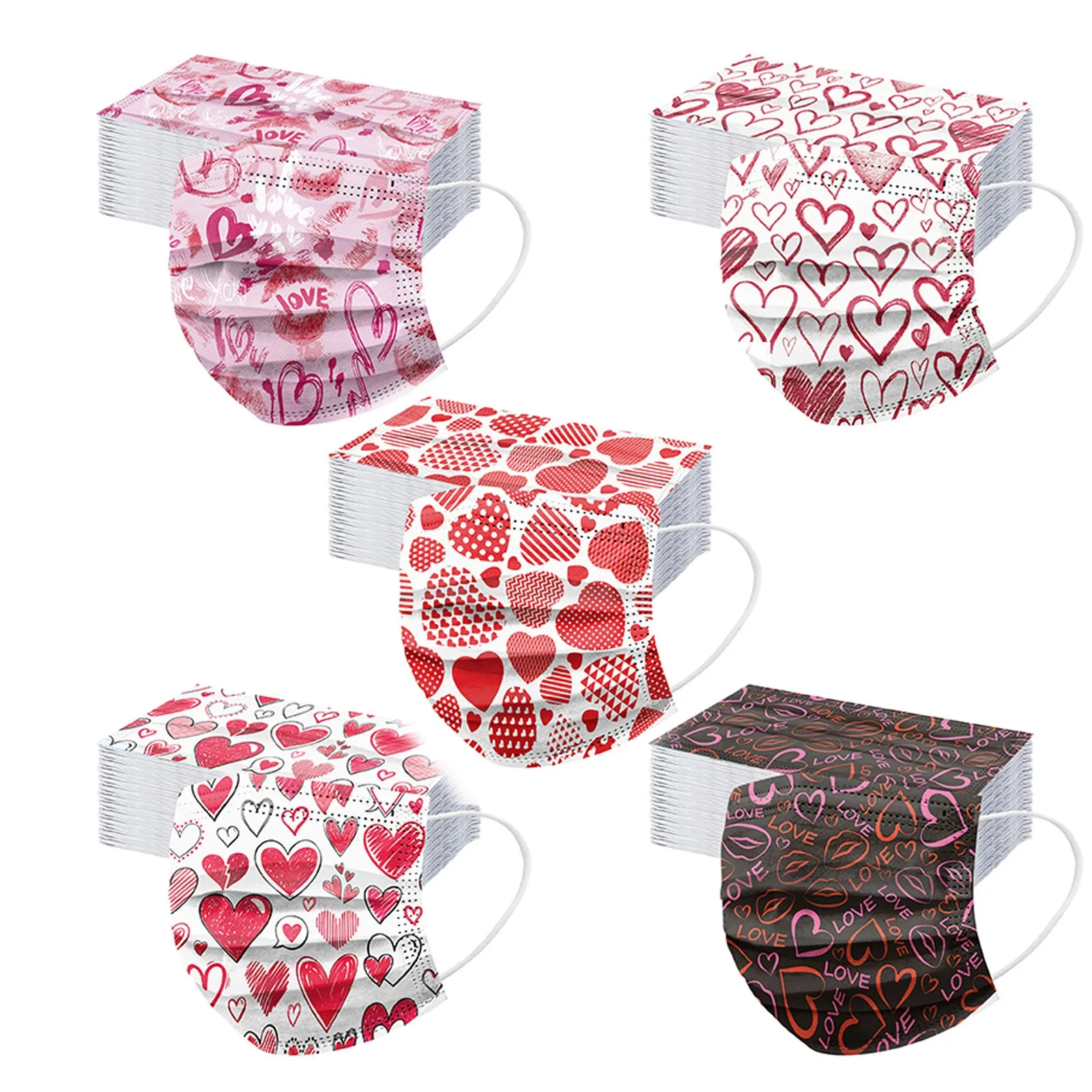 50PCS Valentine's Day Women Mouth Masks Disposable Mask Adult 3-Layer Cartoon Heart 3-layer Mascarillas Quirurgicas Homologadas 3