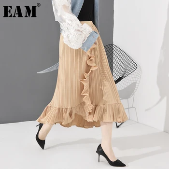 

[EAM] High Elastic Waist Khaki Ruffles Asymmetrical Pleated Half-body Skirt Women Fashion Tide New Spring Autumn 2020 JT207