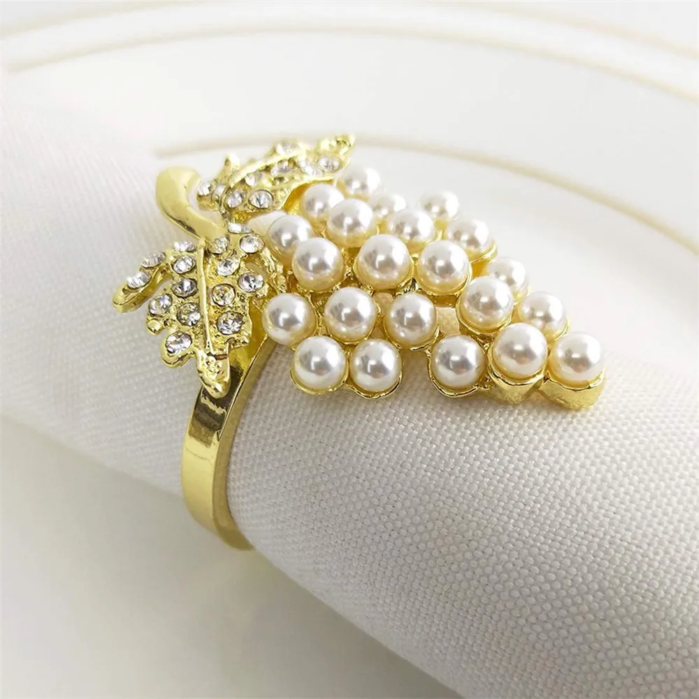 6pcs Grapes Napkin Rings Set With Glittering Fake Diamond Pearls Alloy Napkin Ring Holder For Parties Holiday Daily