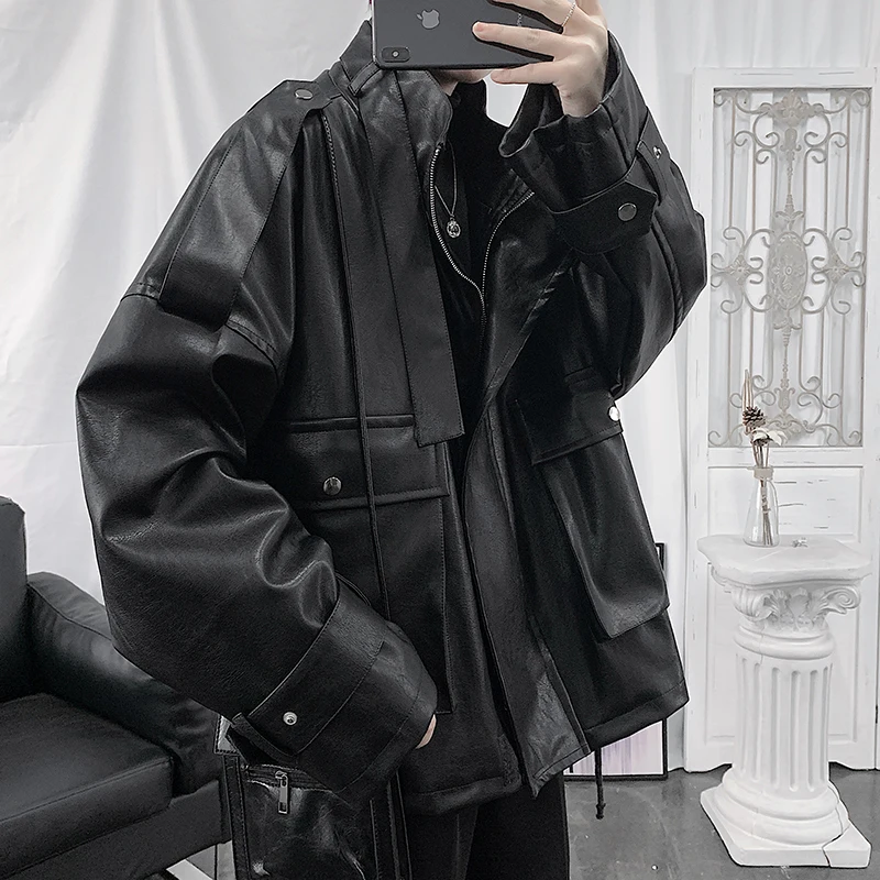 

2020 Wide Type Loose Mens Baseball Pu Leather Coats Motorcycle Jackets Clothing Bomber Jacket Male Loose Faux Coat Windbreaker