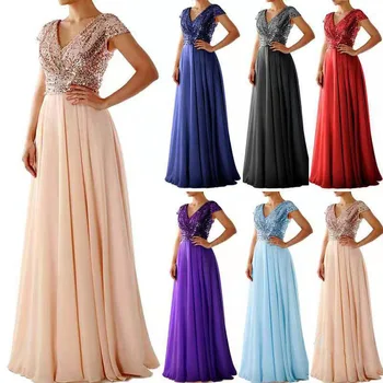 

Sexy Maxi Party Long Dress Chiffon Patchwork High Waist Pleat Sequined Deep V Neck Women Celebrated Evening Occassion Event Robe