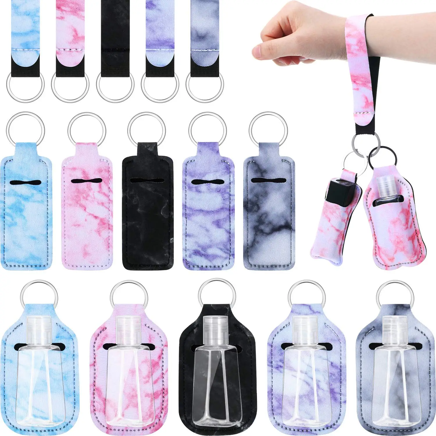 

20pc Marble Style Hand Sanitizer Keychain Holder Travel Bottle Refillable Containers 30ml Flip Cap Bottles Wristlet Lanyards