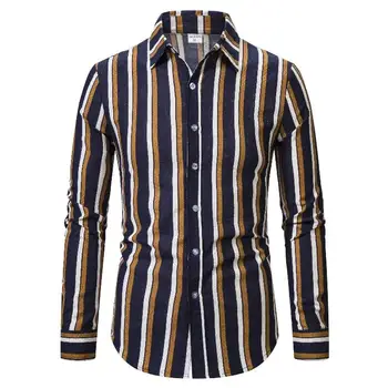 

Cotton Linen Striped Shirt Dress Blouse Men Long-sleeved Shirt for Men's clothing Leisure Slim fit New