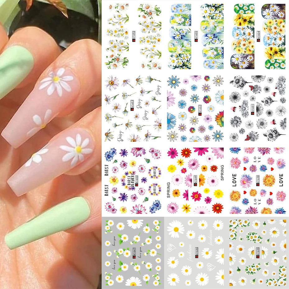Daisy Floral Nails Stickers Natural Sunflower Nail Art DIY Water Transfer  Slider Decals Summer Decorations Manicure LEA1645-1656 - AliExpress Beauty  & Health