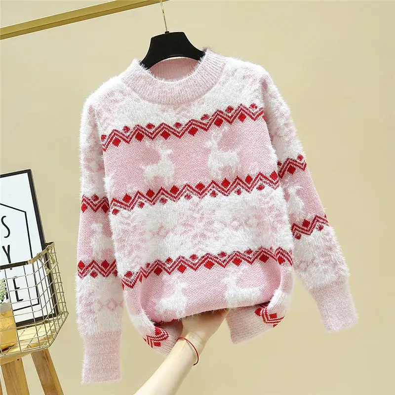 

Women Autumn Winter Christmas Sweater Ladies Knitted Jumper Pullover Women Sweater Snowflake Elk Print Sweaters And Pullovers